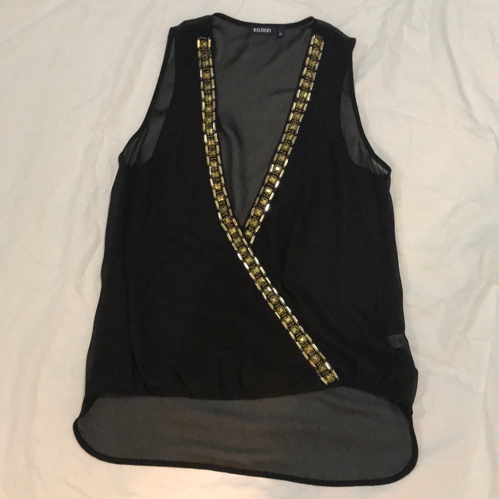 Tildon Sleeveless, sheer top with Gold Detail